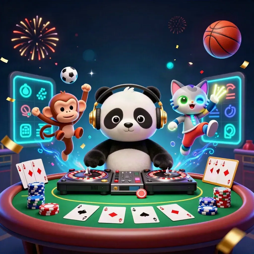 DJ panda, monkey, and rave kitten amid casino props, chips, and neon sports balls