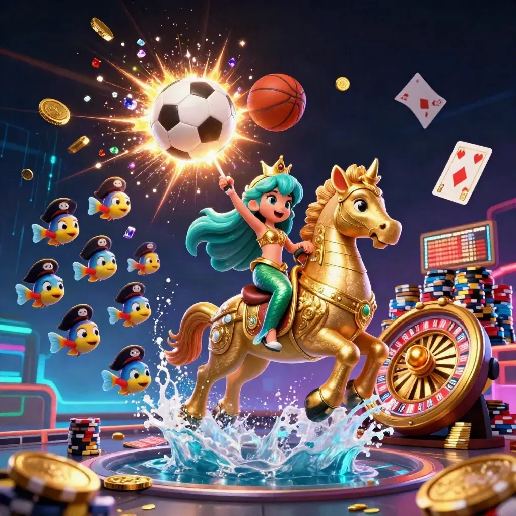 Mermaid princess on golden seahorse amid casino icons, coins, cards, and neon sports balls