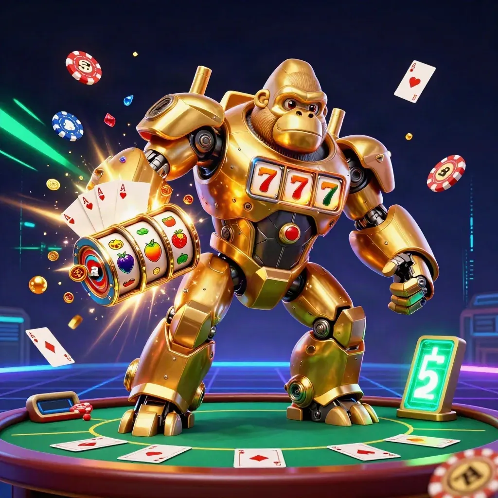 Golden gorilla slot mech with tiny monkey pilot, chips and cards exploding in emerald casino neon.