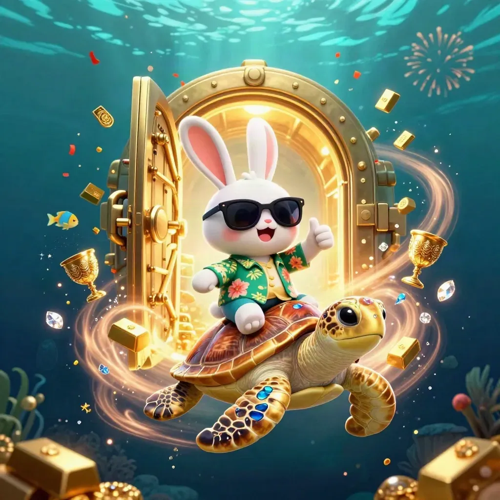 Lucky rabbit riding a gem-shell turtle as treasure bursts from a vault underwater.