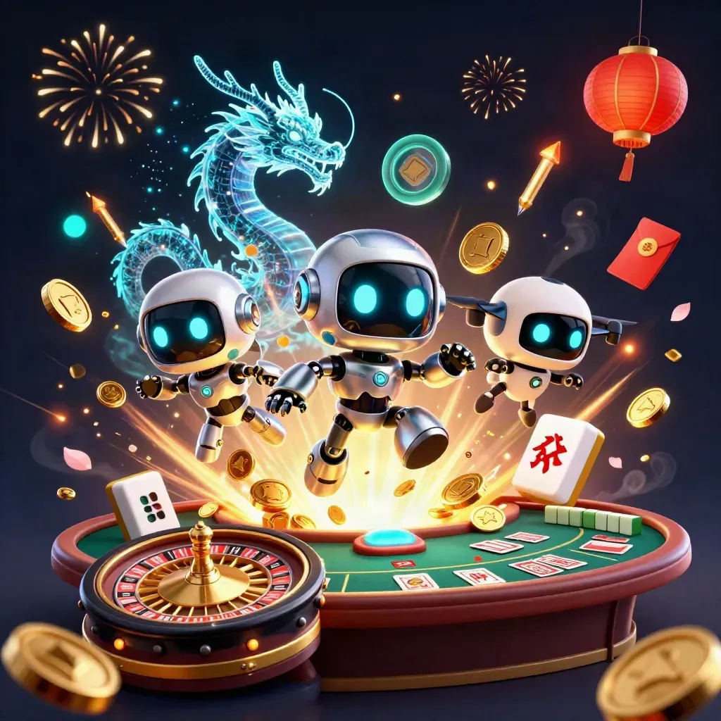 Robot, holographic dragon and coin drone in a bursting casino vault with coins, lanterns and fireworks.