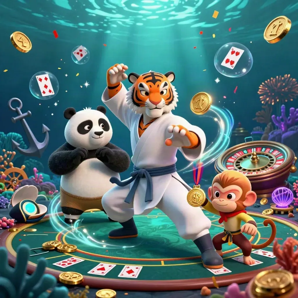 Kung-fu tiger, panda, and monkey amid underwater casino treasure and glowing effects