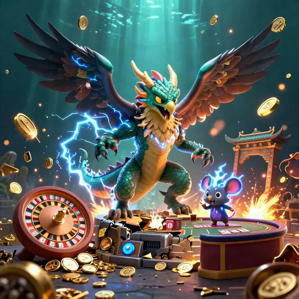 Thunder dragon, wind hawk, and static mouse amid coins, roulette, and casino glow.