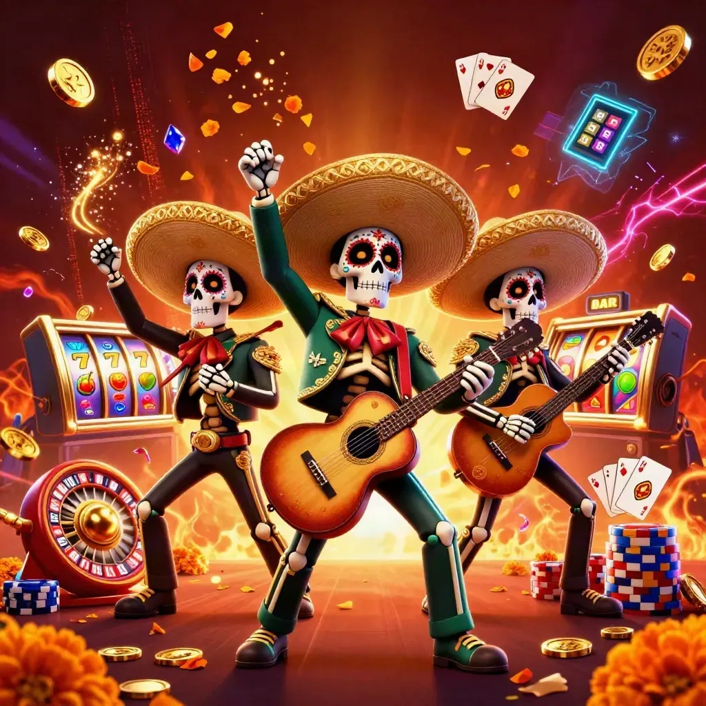 Skeleton mariachi trio with coins, roulette wheel, chips and neon casino effects
