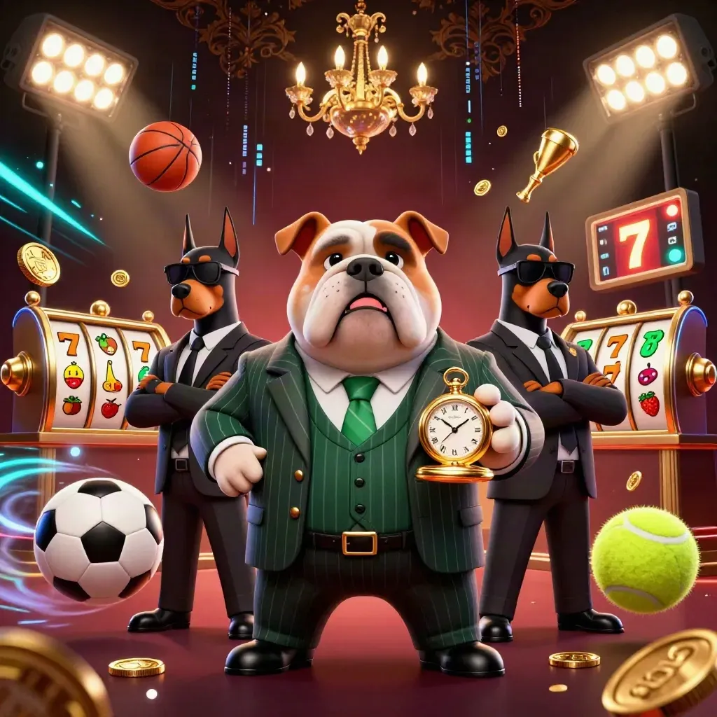 Bulldog mafia boss with two doberman guards amid casino balls, coins, and neon effects